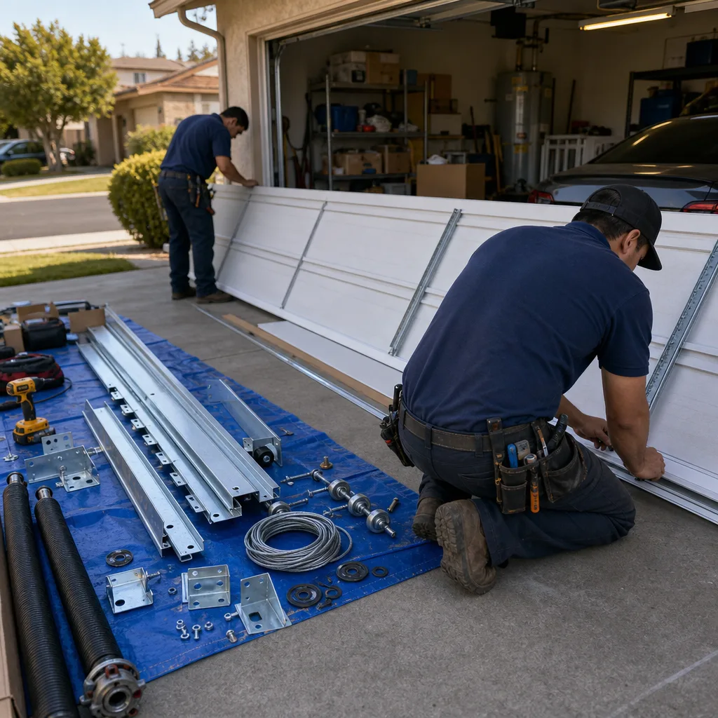 Two professional technicians installing a new residential garage door on a driveway