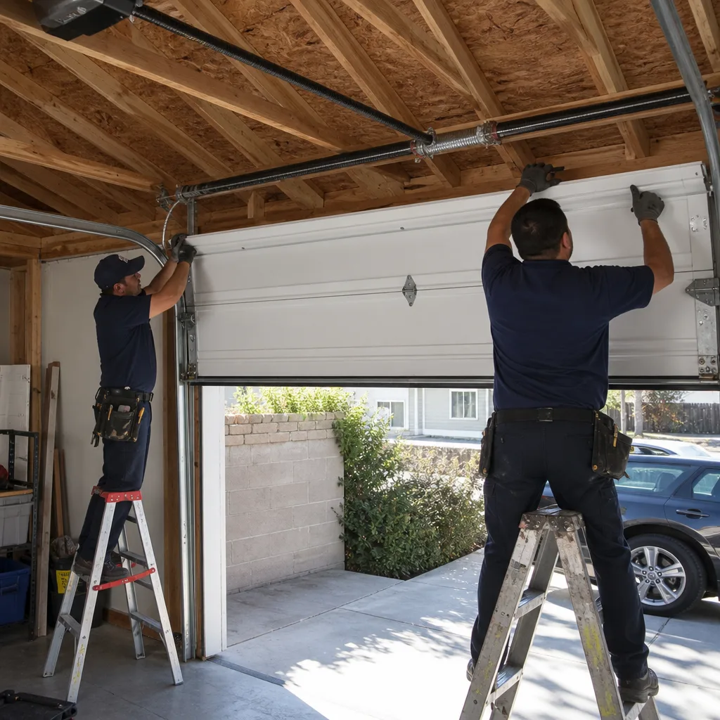 Two professional technicians installing a new white sectional garage door.
