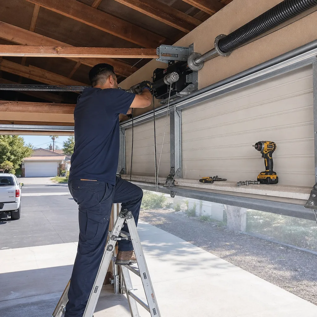 Technician performing professional garage door opener installation and repair services.