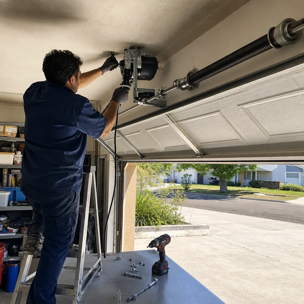 Technician installing and repairing a wall-mounted residential garage door opener system