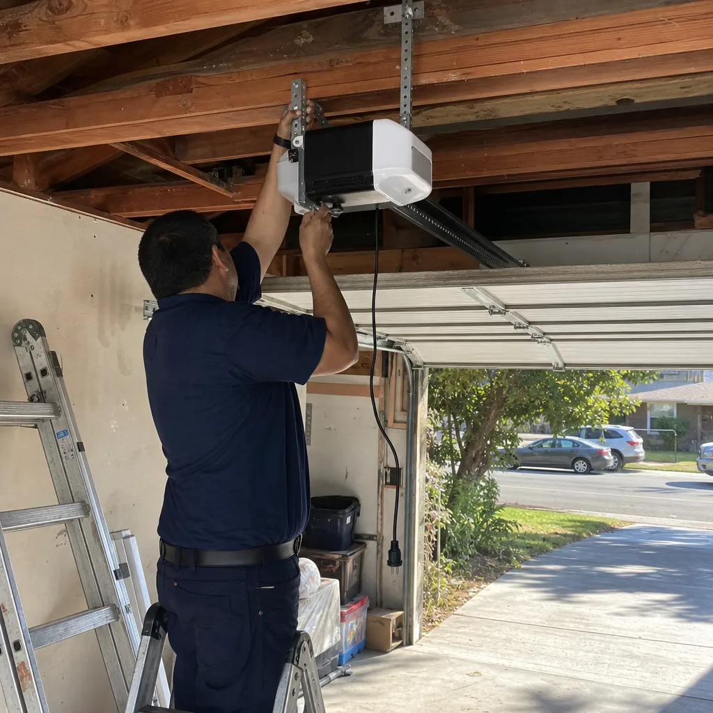 Technician performing professional garage door opener repair and installation services
