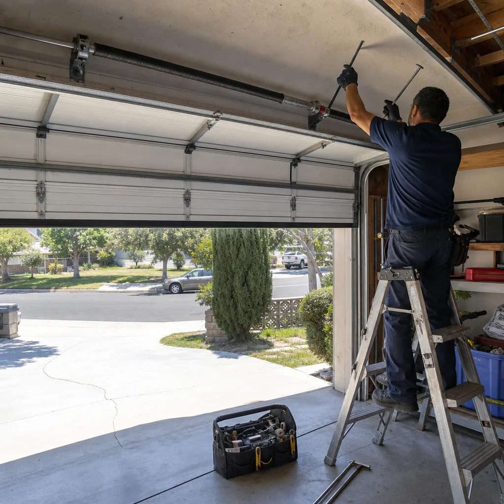 Technician performing professional garage door spring repair and maintenance