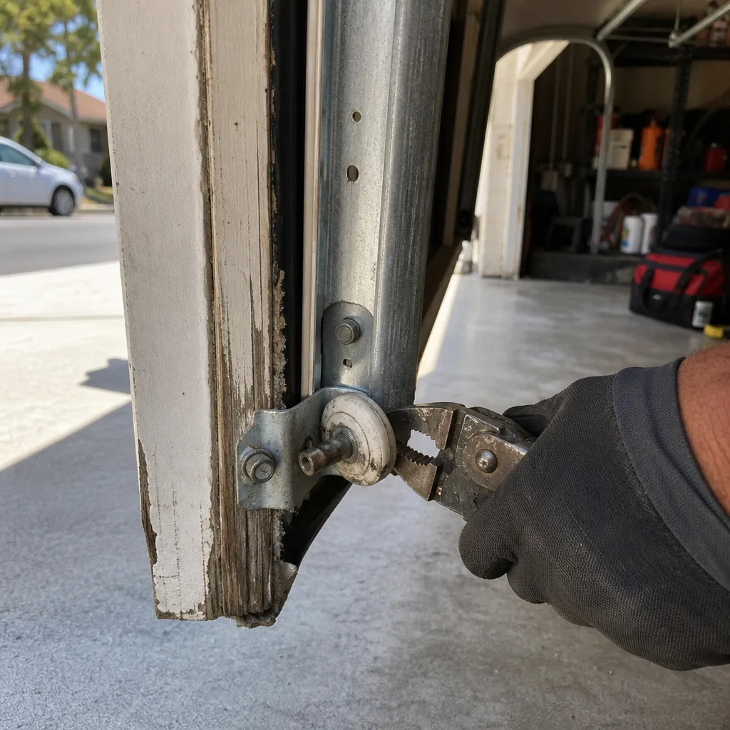 Technician using pliers to repair a garage door roller