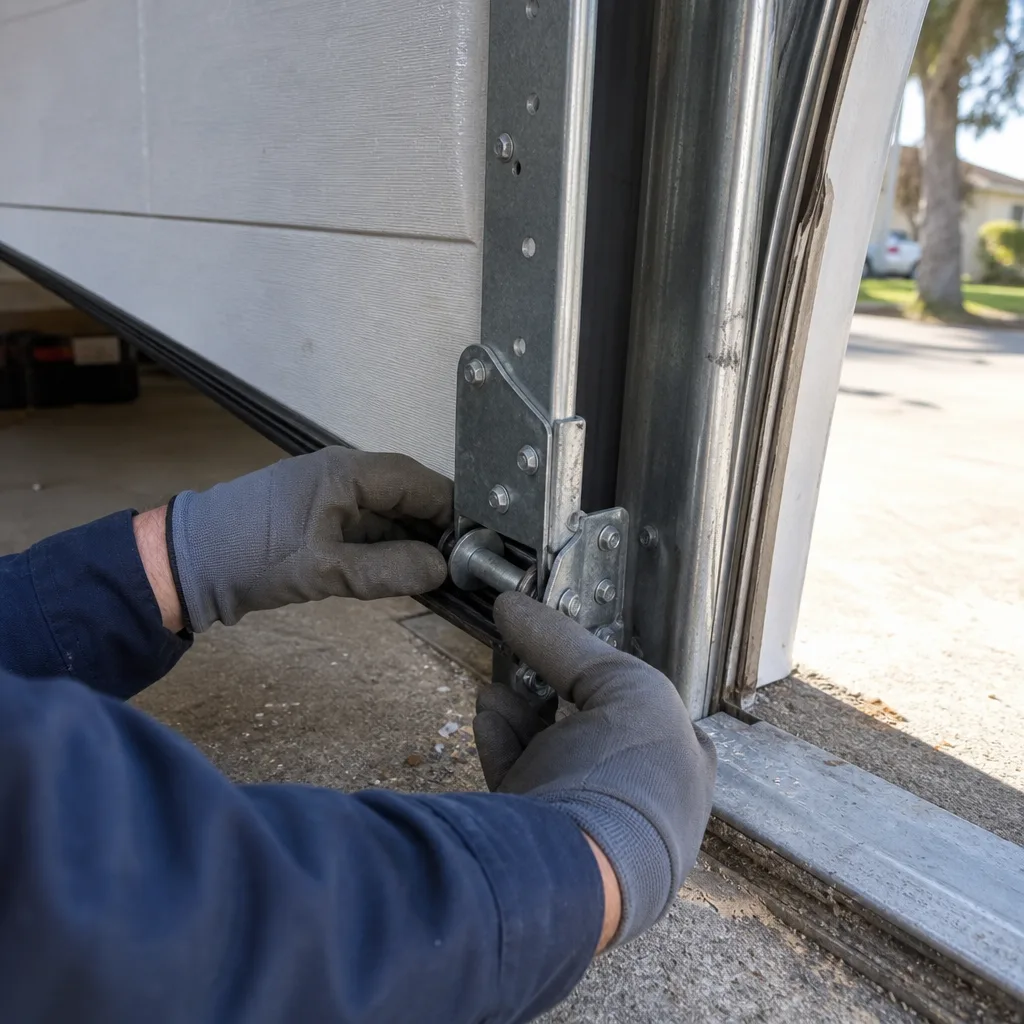 Technician performing garage door roller maintenance and hardware repair in Van Nuys, CA